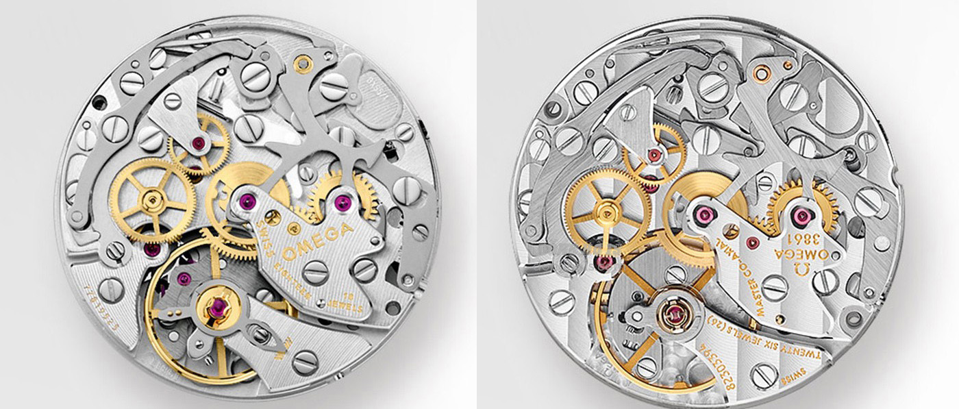 (Trái: Calibre 1861 mạ rhodium; Phải: Calibre 3861 Master Chronometer)